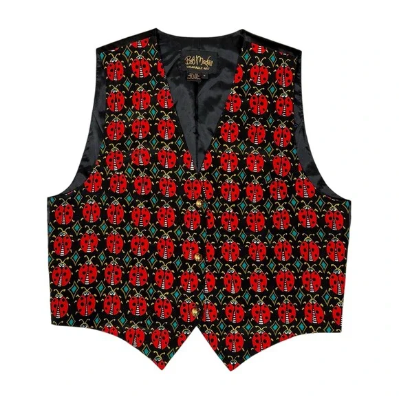 Bob Mackie Wearable Art Vintage Silk Ladybug Print Vest Black Red Gold Button M - Picture 1 of 7